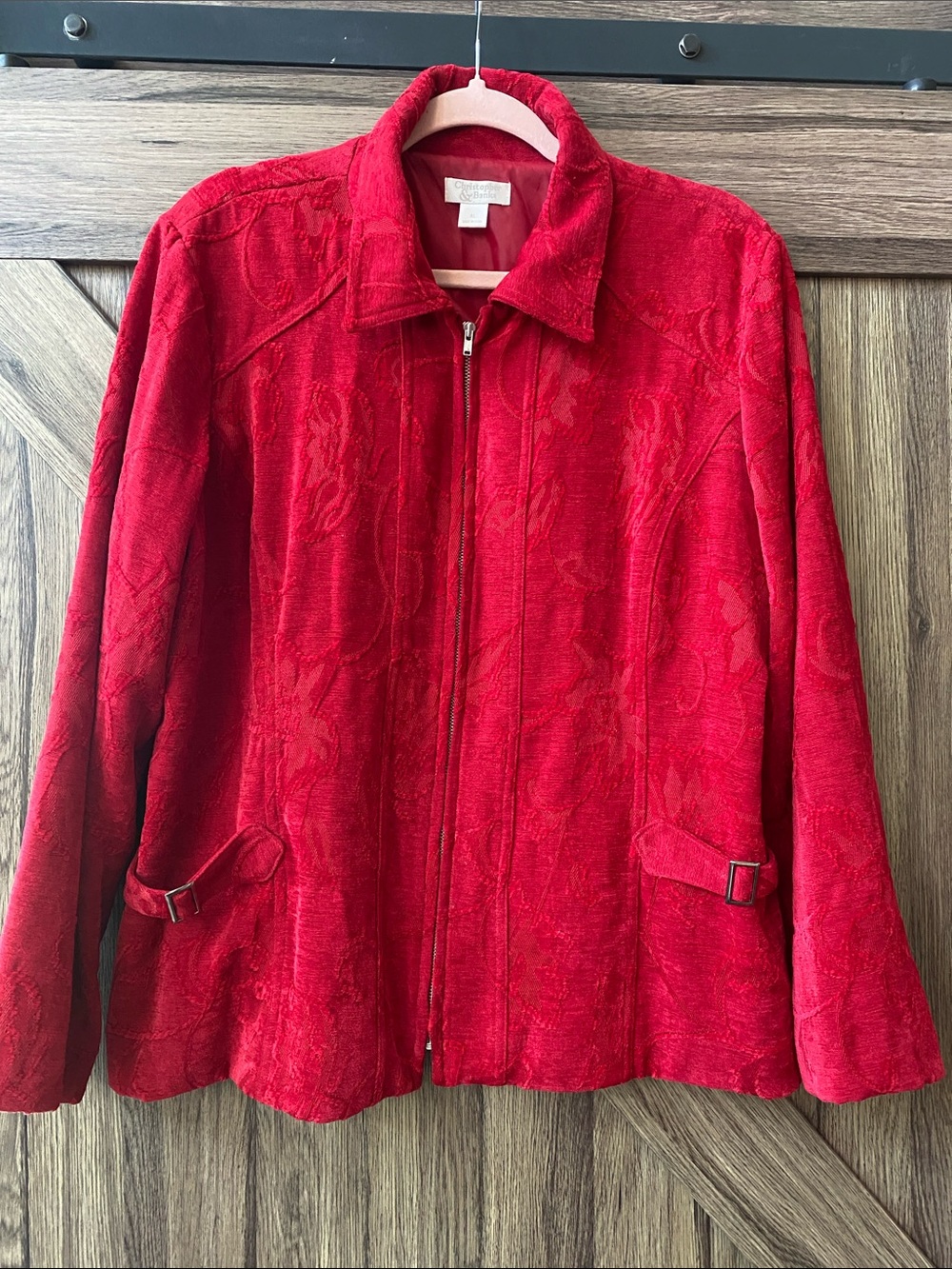 Christopher & Banks red textured jacquard full-zip jacket in size XL